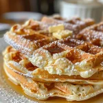 ['Close-up image of golden-brown cottage cheese waffles stacked on a plate.', 'Side view of fluffy cottage cheese waffles drizzled with syrup on a white background.', 'Gourmet cottage cheese waffles topped with a light drizzle of honey and served on a rustic wooden table.', 'A delicious plate of cottage cheese waffles, showing texture and ingredients.']