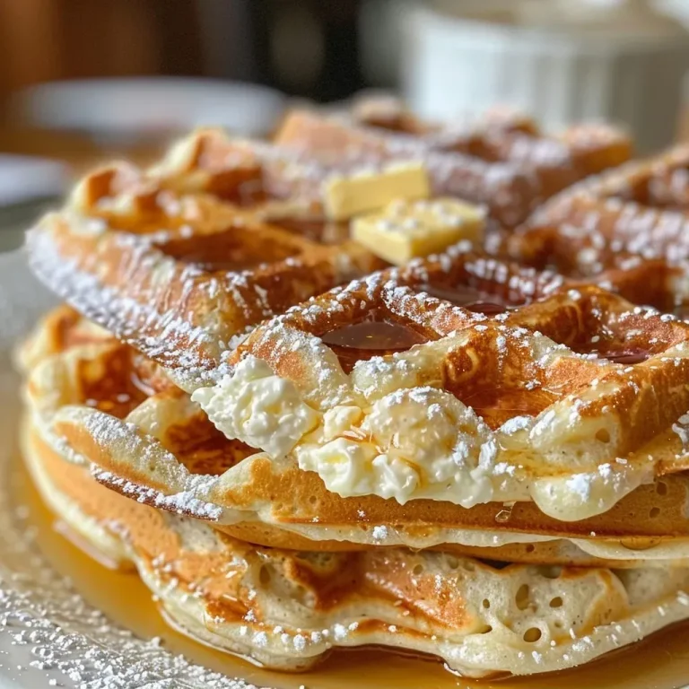 ['Close-up image of golden-brown cottage cheese waffles stacked on a plate.', 'Side view of fluffy cottage cheese waffles drizzled with syrup on a white background.', 'Gourmet cottage cheese waffles topped with a light drizzle of honey and served on a rustic wooden table.', 'A delicious plate of cottage cheese waffles, showing texture and ingredients.']