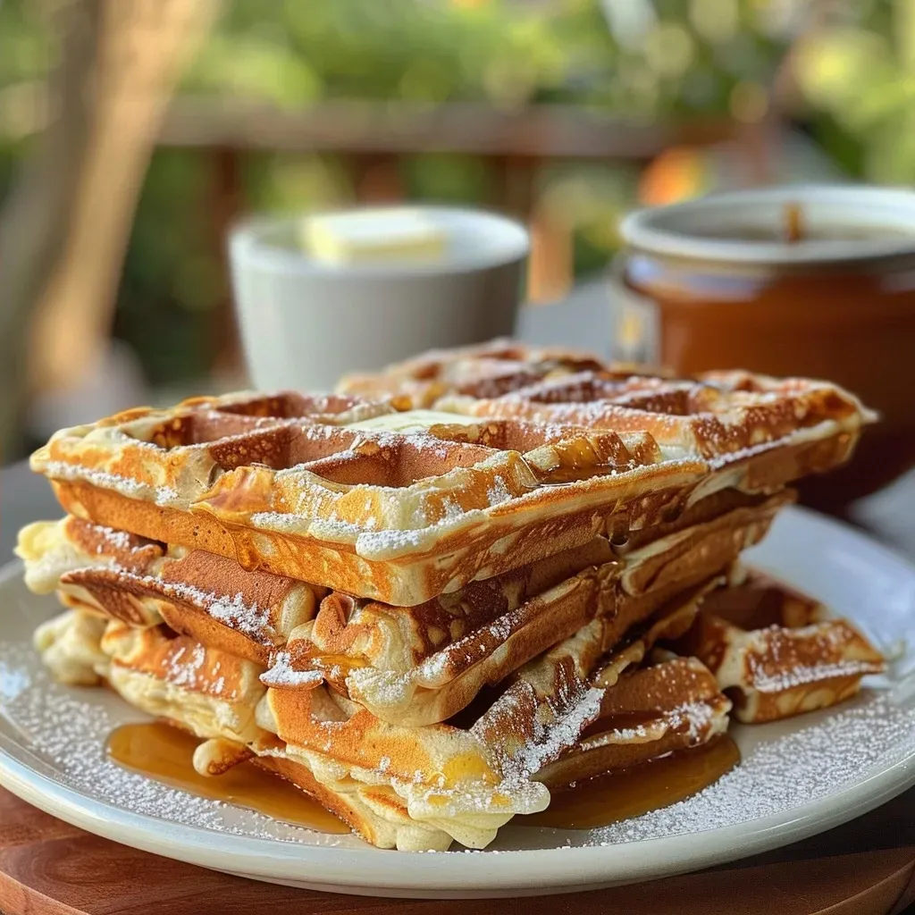 ['Close-up image of golden-brown cottage cheese waffles stacked on a plate.', 'Side view of fluffy cottage cheese waffles drizzled with syrup on a white background.', 'Gourmet cottage cheese waffles topped with a light drizzle of honey and served on a rustic wooden table.', 'A delicious plate of cottage cheese waffles, showing texture and ingredients.']