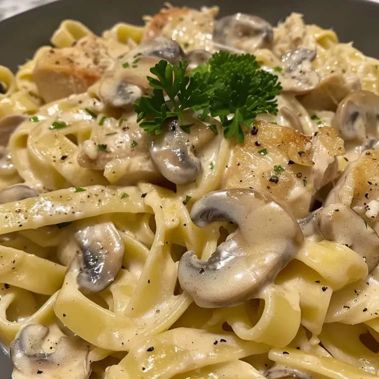 ['Close-up view of creamy chicken and mushroom pasta in a white bowl.', 'Juicy chicken and mushrooms in a rich cream sauce with pasta.', 'Creamy pasta dish featuring diced chicken and sliced mushrooms.', 'Side view of fettuccine pasta mixed with chicken, mushrooms, and cream sauce.']