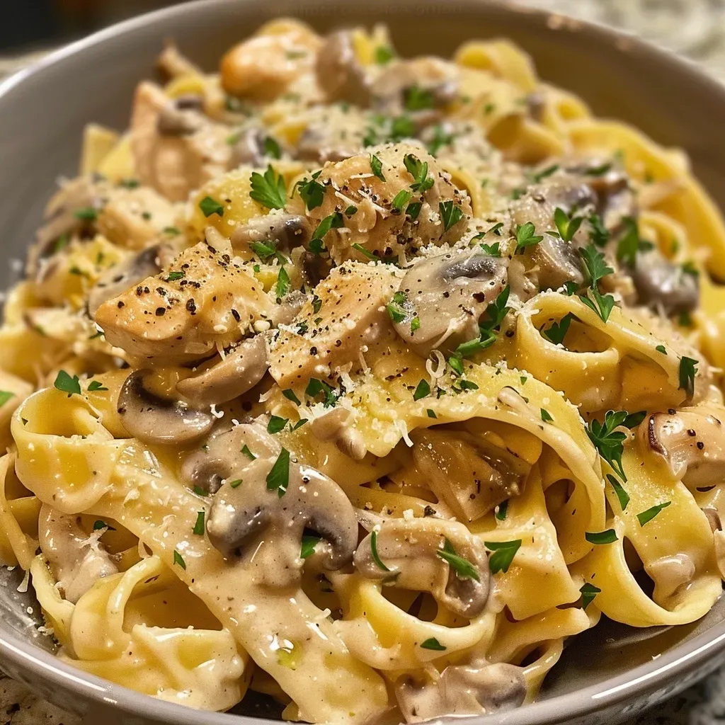 ['Close-up view of creamy chicken and mushroom pasta in a white bowl.', 'Juicy chicken and mushrooms in a rich cream sauce with pasta.', 'Creamy pasta dish featuring diced chicken and sliced mushrooms.', 'Side view of fettuccine pasta mixed with chicken, mushrooms, and cream sauce.']