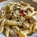 ['A mouthwatering close-up of creamy chicken feta pasta with fresh herbs.', 'Side view of a vibrant bowl filled with creamy chicken feta pasta and garnished with parsley.', 'Juicy pieces of chicken mixed with pasta and feta cheese in a creamy sauce.', 'Delicious creamy chicken feta pasta, beautifully plated with a hint of olive oil and herbs.']