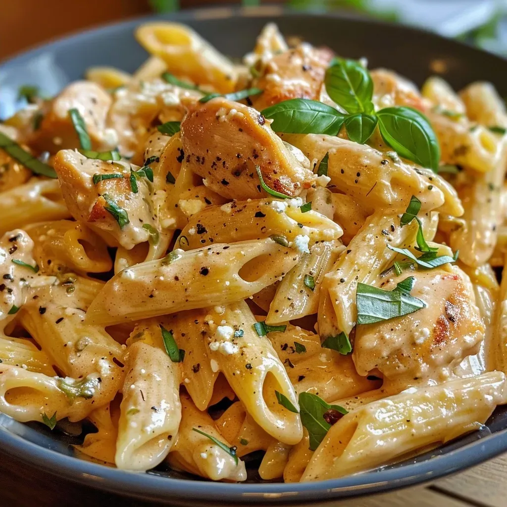 ['A mouthwatering close-up of creamy chicken feta pasta with fresh herbs.', 'Side view of a vibrant bowl filled with creamy chicken feta pasta and garnished with parsley.', 'Juicy pieces of chicken mixed with pasta and feta cheese in a creamy sauce.', 'Delicious creamy chicken feta pasta, beautifully plated with a hint of olive oil and herbs.']