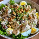 ['A close-up side view of a creamy chicken mushroom salad, showcasing diced hard-boiled eggs and marinated mushrooms.', 'Juicy and colorful creamy chicken mushroom salad with visible walnuts, lettuce, and garnished with spring onions.', 'A vibrant creamy salad featuring shredded chicken, olives, and a variety of fresh vegetables on a light background.', 'Delicious creamy chicken mushroom salad in a bowl, highlighting its rich texture and fresh ingredients.']
