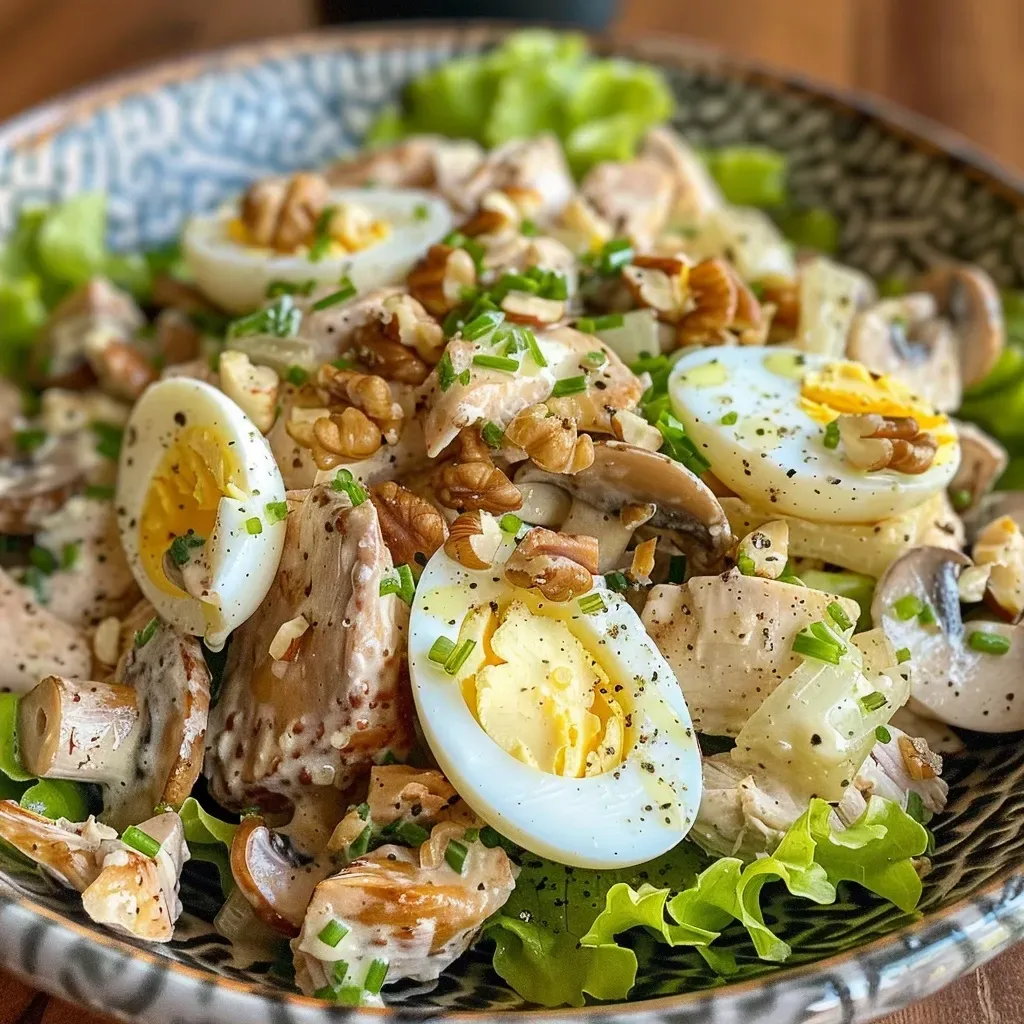 ['A close-up side view of a creamy chicken mushroom salad, showcasing diced hard-boiled eggs and marinated mushrooms.', 'Juicy and colorful creamy chicken mushroom salad with visible walnuts, lettuce, and garnished with spring onions.', 'A vibrant creamy salad featuring shredded chicken, olives, and a variety of fresh vegetables on a light background.', 'Delicious creamy chicken mushroom salad in a bowl, highlighting its rich texture and fresh ingredients.']