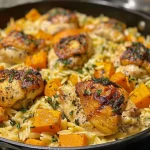['Close-up view of creamy chicken orzo with pieces of butternut squash and fresh spinach.', 'Side view of a bowl of delicious chicken orzo featuring vibrant colors from butternut squash and spinach.', 'Juicy chicken orzo dish presented with diced squash and wilted spinach in a creamy sauce.', 'A hearty bowl of creamy orzo pasta with succulent chicken, bright butternut squash, and green spinach.']