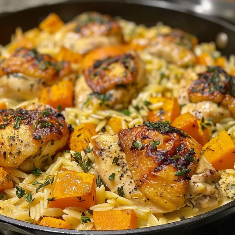 ['Close-up view of creamy chicken orzo with pieces of butternut squash and fresh spinach.', 'Side view of a bowl of delicious chicken orzo featuring vibrant colors from butternut squash and spinach.', 'Juicy chicken orzo dish presented with diced squash and wilted spinach in a creamy sauce.', 'A hearty bowl of creamy orzo pasta with succulent chicken, bright butternut squash, and green spinach.']
