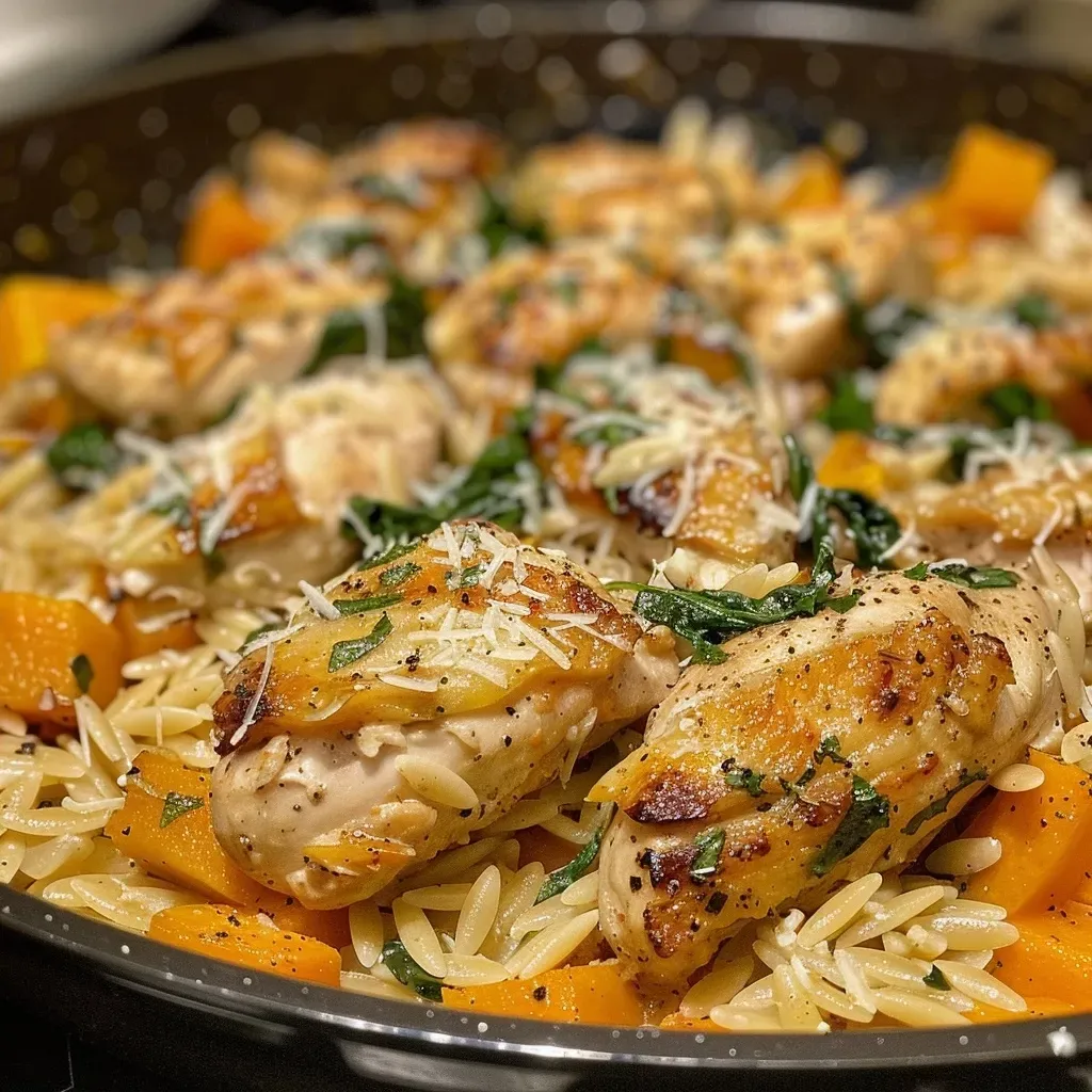 ['Close-up view of creamy chicken orzo with pieces of butternut squash and fresh spinach.', 'Side view of a bowl of delicious chicken orzo featuring vibrant colors from butternut squash and spinach.', 'Juicy chicken orzo dish presented with diced squash and wilted spinach in a creamy sauce.', 'A hearty bowl of creamy orzo pasta with succulent chicken, bright butternut squash, and green spinach.']