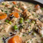 ['Close-up side view of a creamy chicken pot pie with wild rice and visible vegetables.', 'A delicious creamy chicken pot pie with a golden crust and wild rice filling.', 'Juicy chicken pot pie featuring wild rice, peas, and carrots, captured from the side.', 'Rich and creamy chicken pot pie with a flaky crust and hints of wild rice texture.']