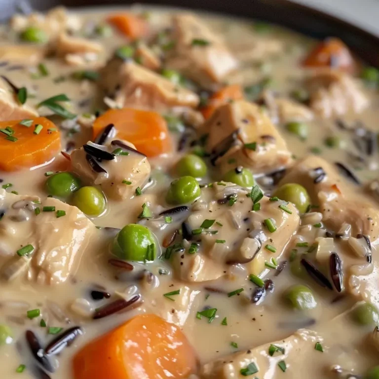 ['Close-up side view of a creamy chicken pot pie with wild rice and visible vegetables.', 'A delicious creamy chicken pot pie with a golden crust and wild rice filling.', 'Juicy chicken pot pie featuring wild rice, peas, and carrots, captured from the side.', 'Rich and creamy chicken pot pie with a flaky crust and hints of wild rice texture.']