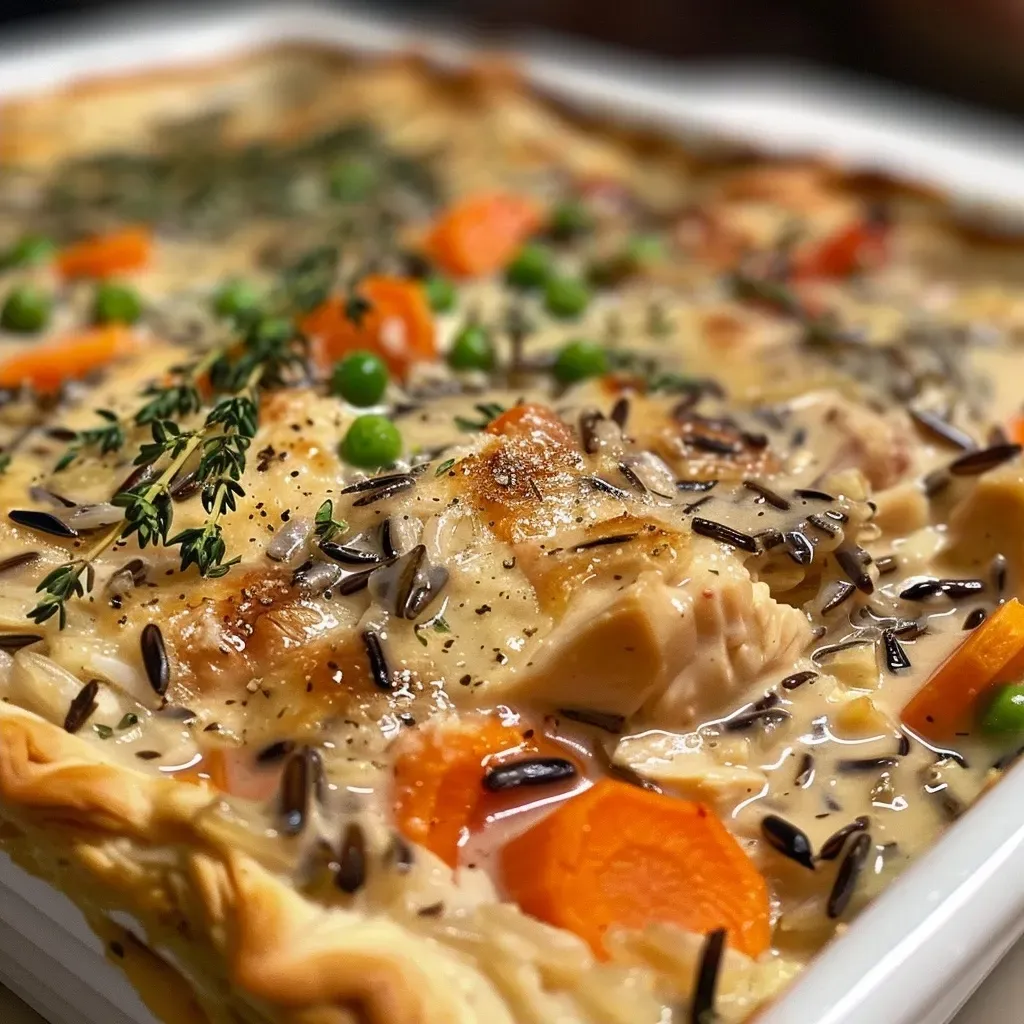 ['Close-up side view of a creamy chicken pot pie with wild rice and visible vegetables.', 'A delicious creamy chicken pot pie with a golden crust and wild rice filling.', 'Juicy chicken pot pie featuring wild rice, peas, and carrots, captured from the side.', 'Rich and creamy chicken pot pie with a flaky crust and hints of wild rice texture.']