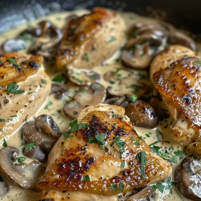 ['Juicy creamy mustard chicken breast topped with mushrooms and parsley.', 'Close-up view of chicken breast in a creamy sauce with mushrooms.', 'Sliced chicken breast drizzled with creamy mustard sauce and garnished with herbs.', 'Delicious serving of mustard chicken with sautéed mushrooms on a plate.']
