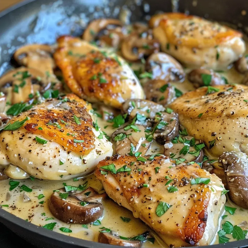 ['Juicy creamy mustard chicken breast topped with mushrooms and parsley.', 'Close-up view of chicken breast in a creamy sauce with mushrooms.', 'Sliced chicken breast drizzled with creamy mustard sauce and garnished with herbs.', 'Delicious serving of mustard chicken with sautéed mushrooms on a plate.']