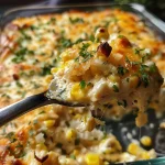 ['Close-up view of a creamy chicken casserole topped with corn and herbs.', 'Side angle of a hearty street corn chicken casserole with a golden crust.', 'Juicy casserole featuring sweet corn, chicken, and creamy sauce in a baking dish.', 'Richly layered street corn chicken casserole with garnished freshness on top.']