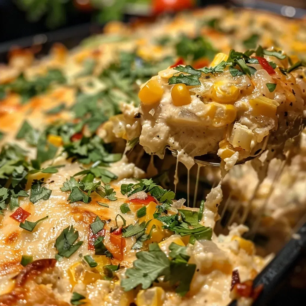 ['Close-up view of a creamy chicken casserole topped with corn and herbs.', 'Side angle of a hearty street corn chicken casserole with a golden crust.', 'Juicy casserole featuring sweet corn, chicken, and creamy sauce in a baking dish.', 'Richly layered street corn chicken casserole with garnished freshness on top.']