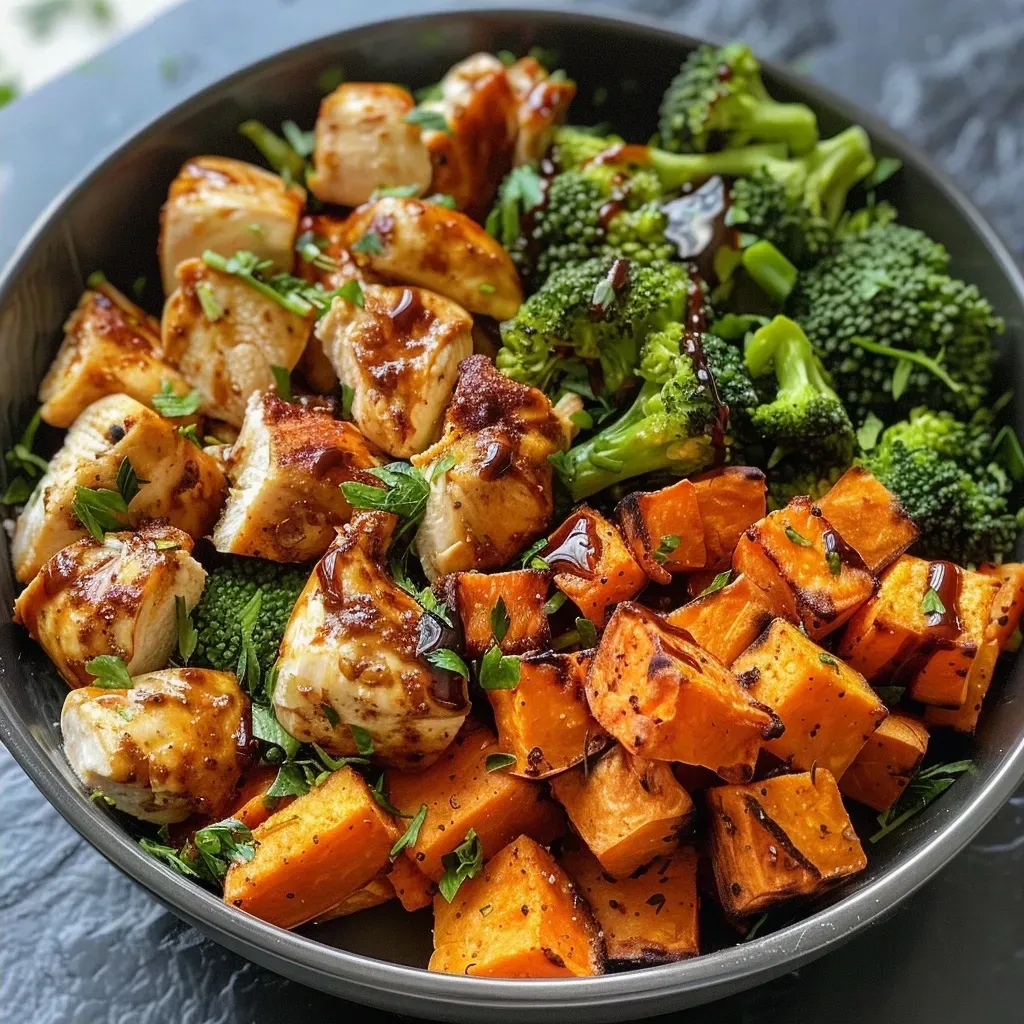 ['Close-up view of a Crispy Chicken and Roasted Sweet Potato Bowl with vibrant colors.', 'A side view of a bowl filled with crispy chicken, cubed sweet potatoes, and broccoli.', 'Detailed shot of a hearty bowl featuring roasted sweet potatoes and golden chicken pieces.', 'An appetizing image showcasing a chicken and sweet potato bowl garnished with yogurt.']
