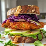 ['Crispy chicken sandwich with cabbage apple slaw and smoked gouda, side view.', 'Close-up of a juicy crispy chicken sandwich on toasted dark wheat bread with slaw.', 'Side view of a chicken sandwich layered with cabbage slaw and apple matchsticks.', 'Delicious crispy chicken sandwich featuring green apple slaw and microgreens.']