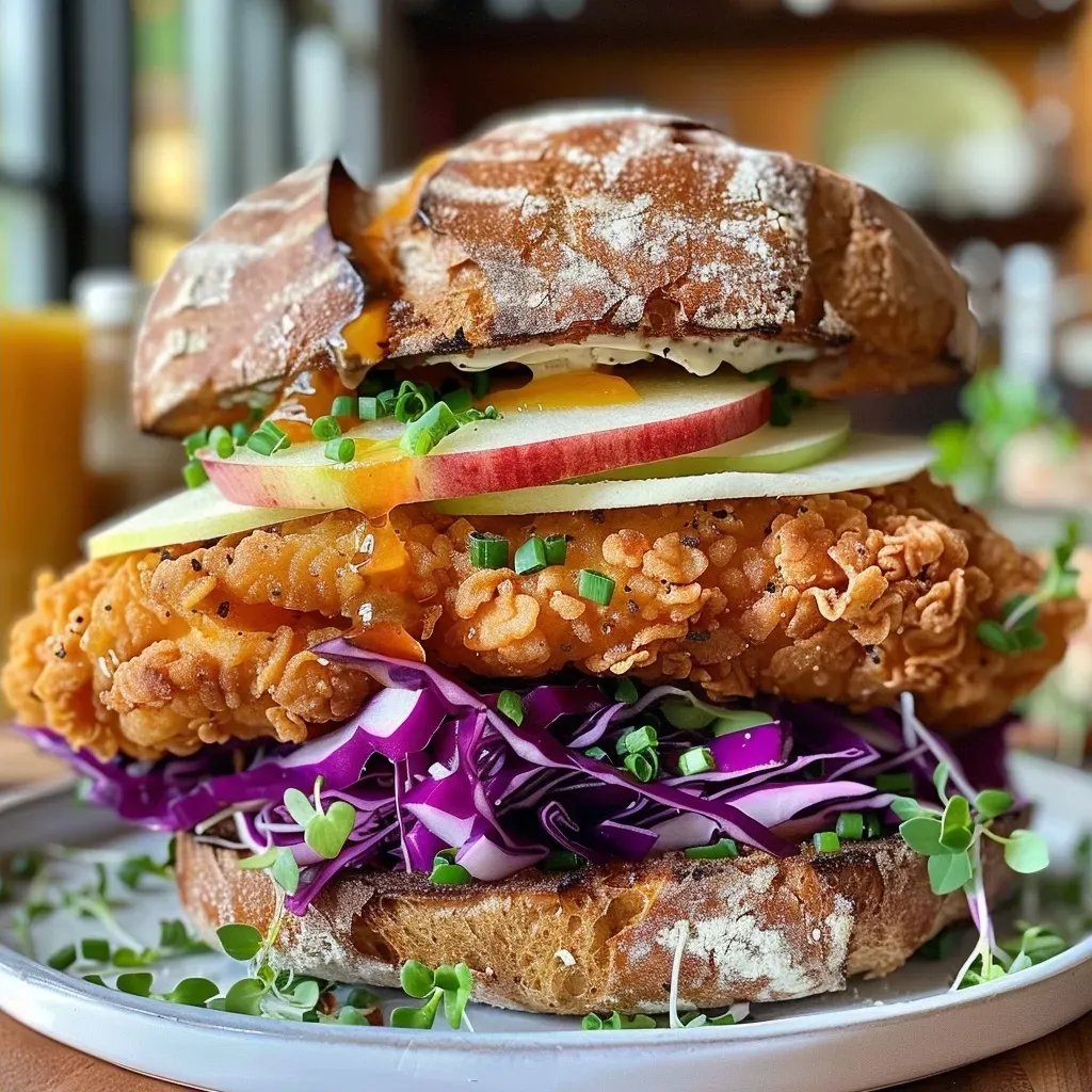 ['Crispy chicken sandwich with cabbage apple slaw and smoked gouda, side view.', 'Close-up of a juicy crispy chicken sandwich on toasted dark wheat bread with slaw.', 'Side view of a chicken sandwich layered with cabbage slaw and apple matchsticks.', 'Delicious crispy chicken sandwich featuring green apple slaw and microgreens.']
