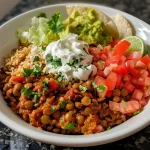 ['Close-up of a vibrant Crockpot Lentils Burrito Bowl with colorful toppings.', 'Side view of a hearty lentil burrito bowl filled with fresh ingredients.', 'A delicious Crockpot lentil dish garnished with avocado and cilantro.', 'Juicy lentils and rice in a bowl topped with lettuce and tomatoes.']