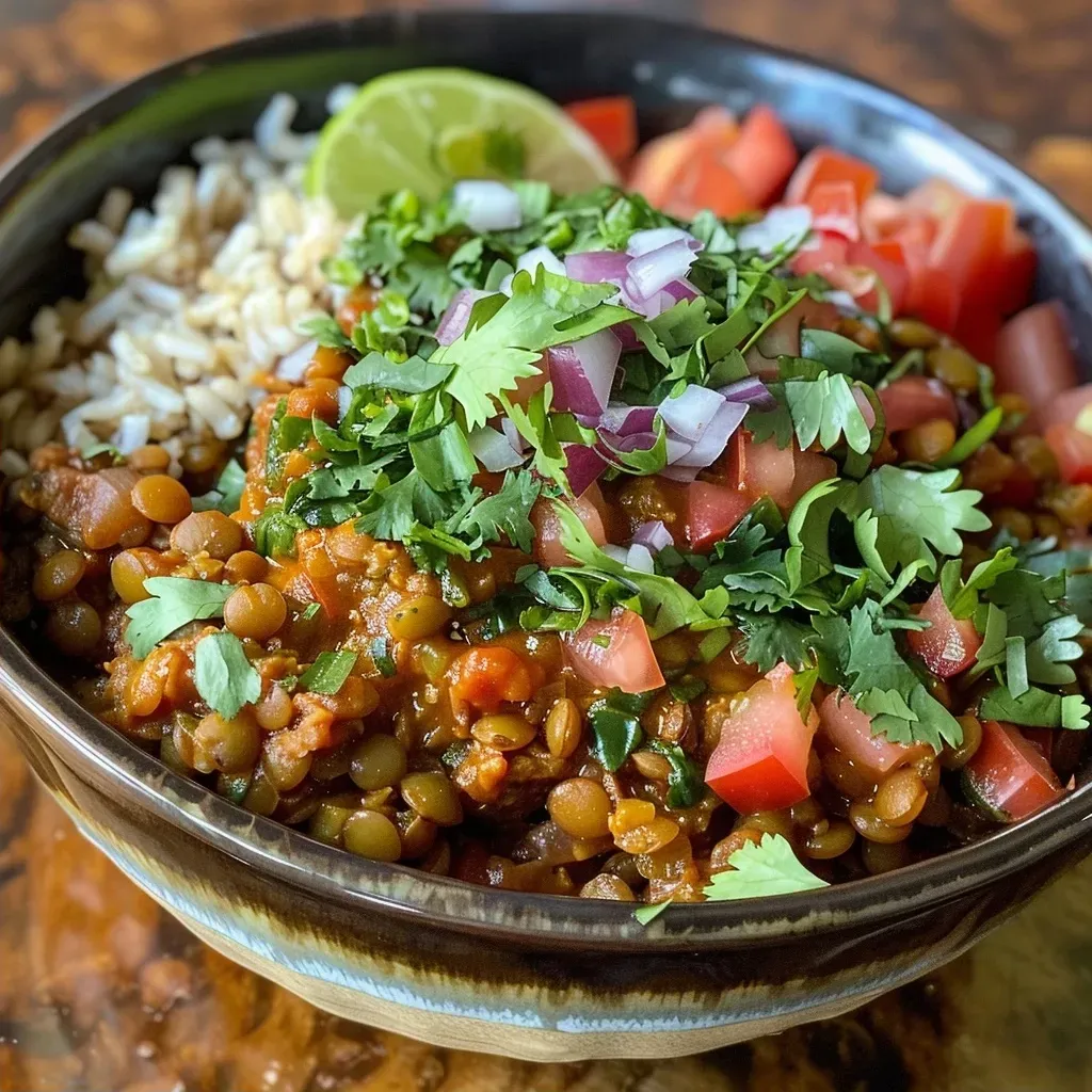 ['Close-up of a vibrant Crockpot Lentils Burrito Bowl with colorful toppings.', 'Side view of a hearty lentil burrito bowl filled with fresh ingredients.', 'A delicious Crockpot lentil dish garnished with avocado and cilantro.', 'Juicy lentils and rice in a bowl topped with lettuce and tomatoes.']