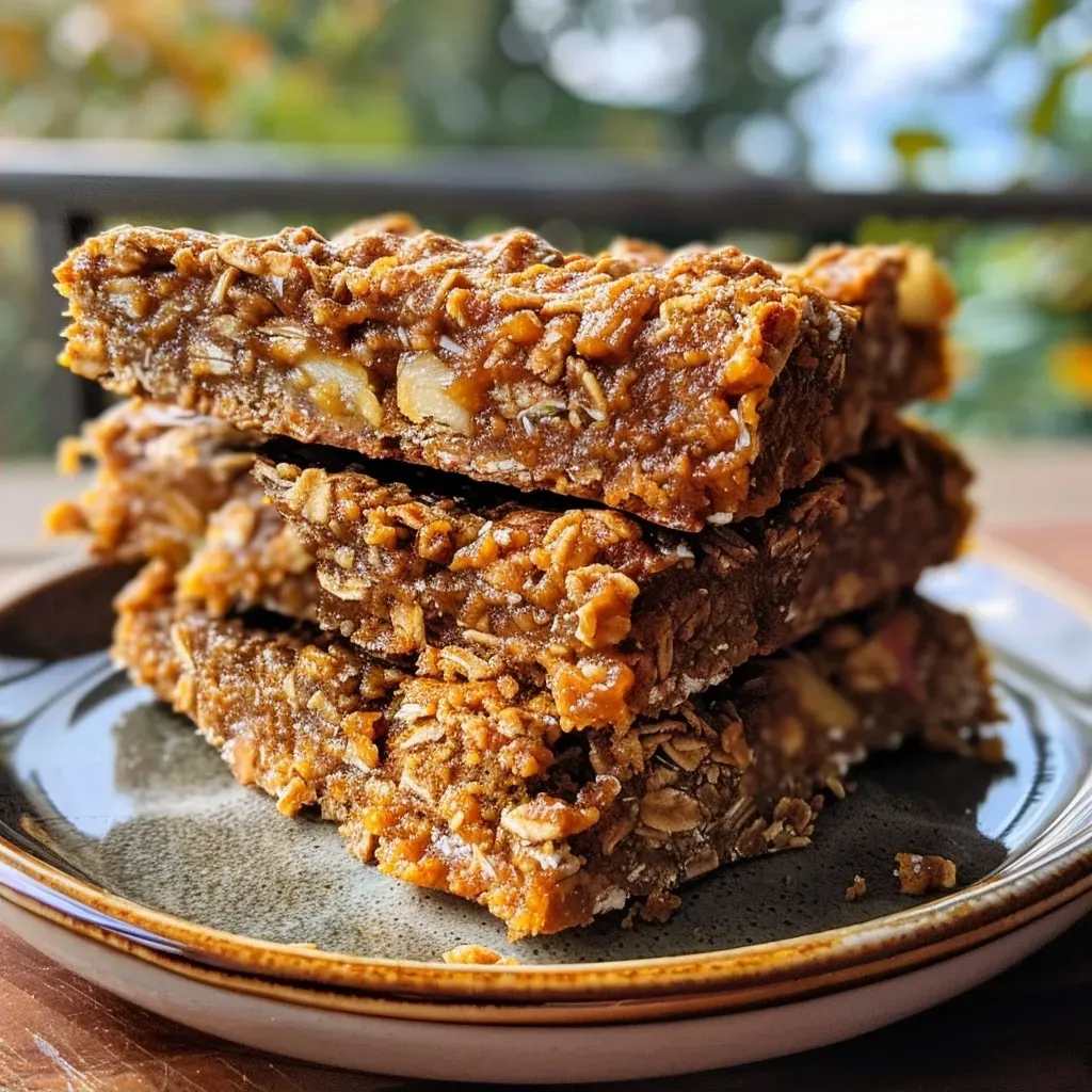['Close-up view of Dairy-Free Pumpkin Apple Oat Bars showcasing a textured, golden-brown surface with visible apple pieces.', 'Side view of moist Dairy-Free Pumpkin Apple Oat Bars featuring rolled oats and pumpkin puree, arranged on a rustic plate.', 'Detailed shot of Dairy-Free Pumpkin Apple Oat Bars with diced apples peeking through, highlighting their chewy texture.', 'Close-up image of freshly baked Dairy-Free Pumpkin Apple Oat Bars with a slice cut out, revealing soft, hearty layers.']