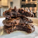 ['Close-up side view of double chocolate gluten-free vegan protein cookies, showcasing rich chocolate chunks.', 'Side view of a plate of double chocolate cookies, highlighting their soft texture and chocolatey appearance.', 'Juicy gluten-free vegan cookies stacked up, revealing their moist, decadent layers of chocolate.', 'Delicious double chocolate cookies with a glossy finish, set against a simple background.']