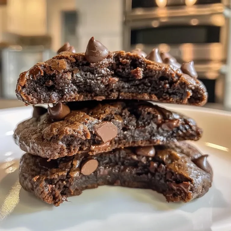 ['Close-up side view of double chocolate gluten-free vegan protein cookies, showcasing rich chocolate chunks.', 'Side view of a plate of double chocolate cookies, highlighting their soft texture and chocolatey appearance.', 'Juicy gluten-free vegan cookies stacked up, revealing their moist, decadent layers of chocolate.', 'Delicious double chocolate cookies with a glossy finish, set against a simple background.']