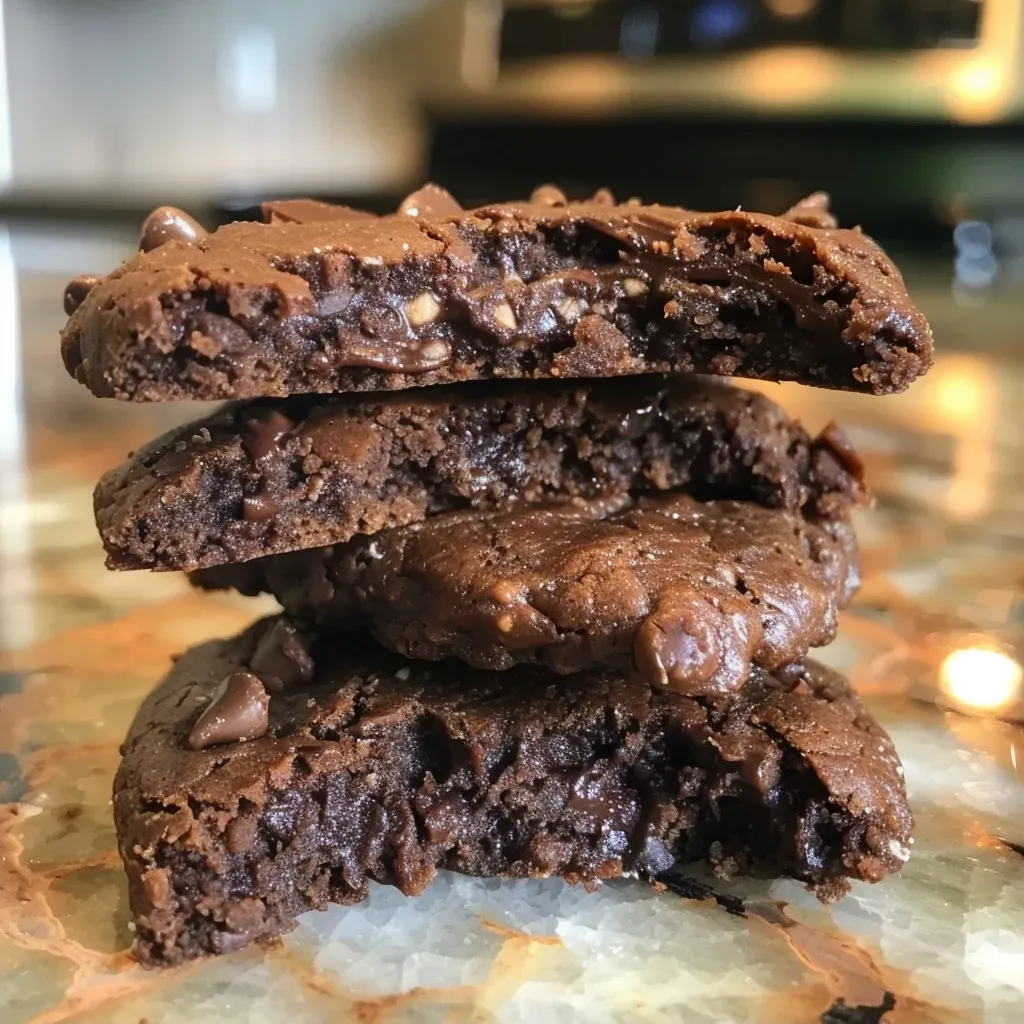 ['Close-up side view of double chocolate gluten-free vegan protein cookies, showcasing rich chocolate chunks.', 'Side view of a plate of double chocolate cookies, highlighting their soft texture and chocolatey appearance.', 'Juicy gluten-free vegan cookies stacked up, revealing their moist, decadent layers of chocolate.', 'Delicious double chocolate cookies with a glossy finish, set against a simple background.']