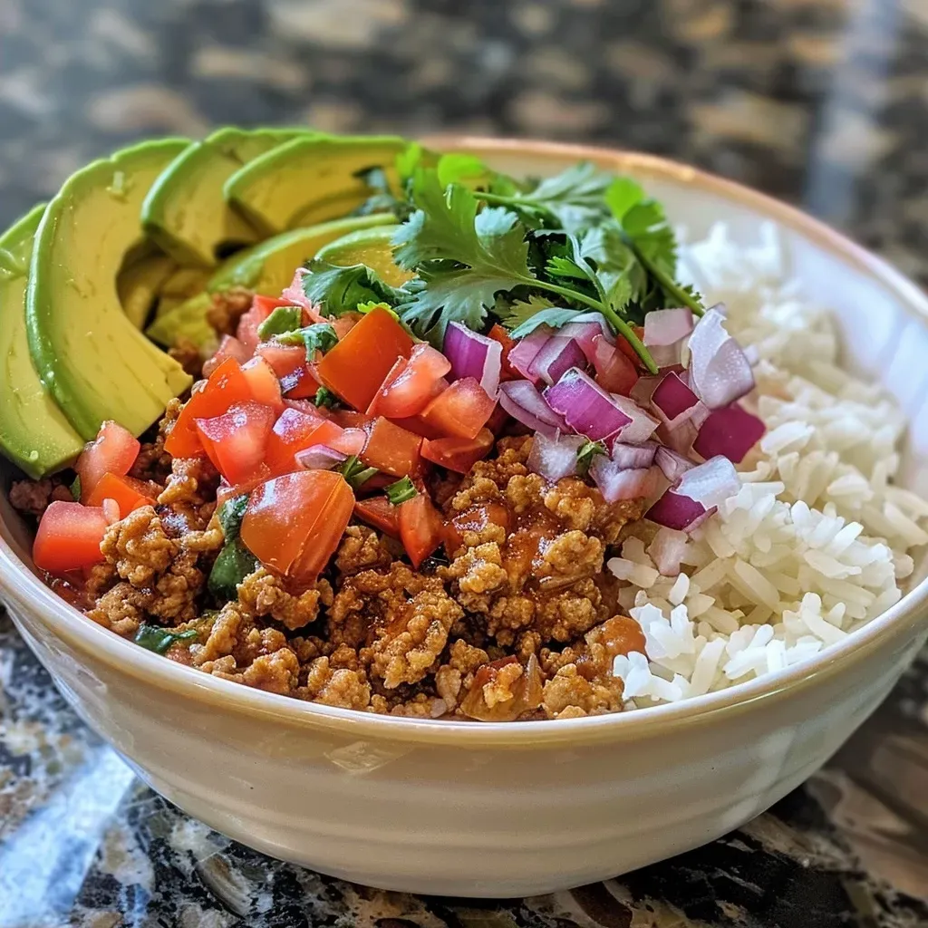 ['Close-up view of a vibrant Easy Peasy Turkey Bowl featuring ground turkey, rice, and avocado.', 'Side view of a delicious Easy Peasy Turkey Bowl topped with fresh pico salad ingredients.', 'Juicy Easy Peasy Turkey Bowl showcasing layers of turkey, jasmine rice, and diced avocado.', 'Colorful close-up of Easy Peasy Turkey Bowl made with ground turkey and fresh vegetables.']
