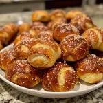 ['Close-up of golden-brown easy pretzel bites arranged on a wooden surface.', 'Side view of freshly baked pretzel bites with a glossy finish and coarse salt sprinkled on top.', 'A cluster of warm pretzel bites showing a soft interior and a crispy crust.', 'Delicious pretzel bites with a shiny exterior and pretzel salt, served on a rustic plate.']