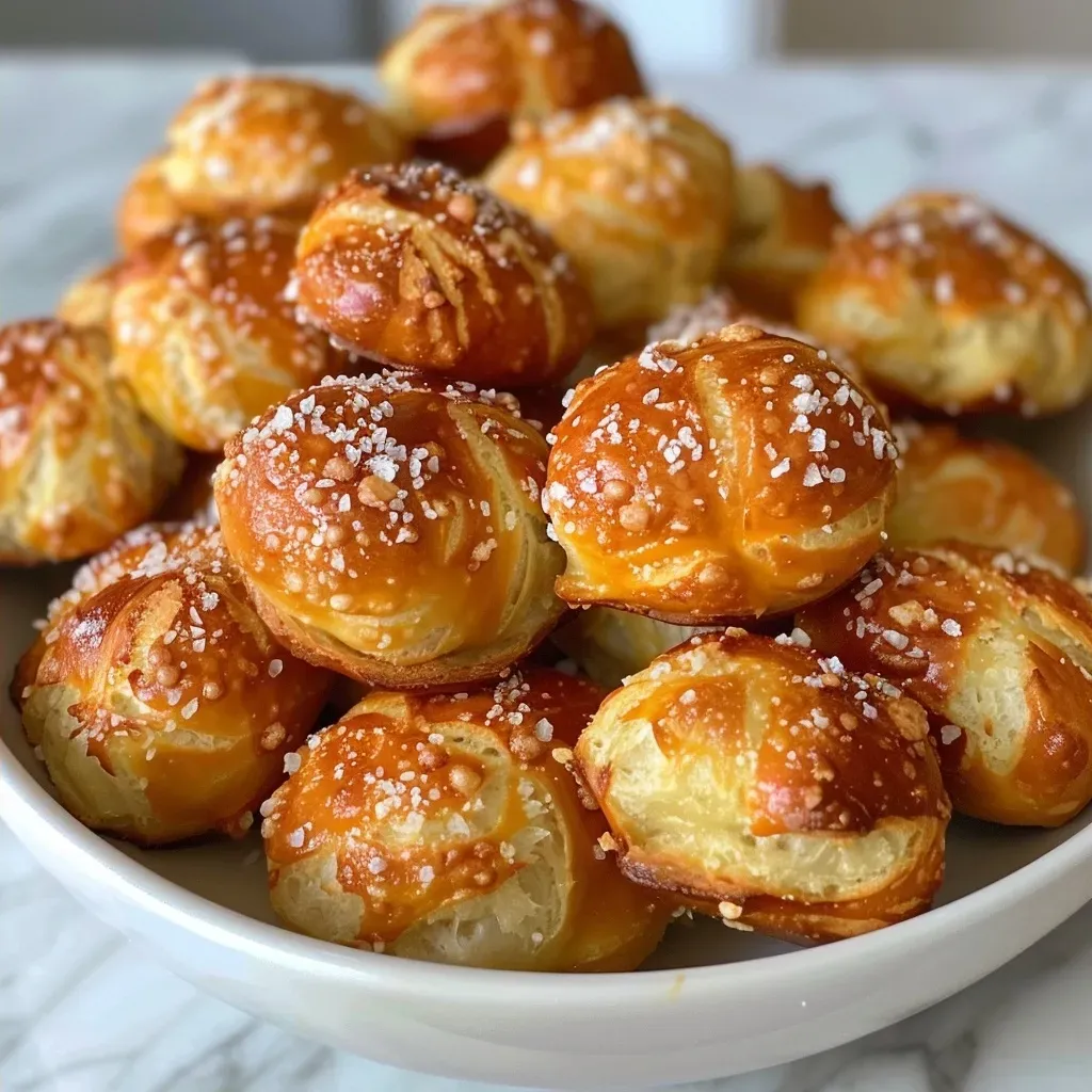 ['Close-up of golden-brown easy pretzel bites arranged on a wooden surface.', 'Side view of freshly baked pretzel bites with a glossy finish and coarse salt sprinkled on top.', 'A cluster of warm pretzel bites showing a soft interior and a crispy crust.', 'Delicious pretzel bites with a shiny exterior and pretzel salt, served on a rustic plate.']