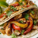 ['Close-up of colorful turkey fajitas with sliced peppers and onions.', 'Juicy turkey fajitas garnished with fresh coriander and served with salsa.', 'Overhead view of a platter of turkey fajitas wrapped in tortillas.', 'Delicious turkey fajitas with vibrant vegetables and toppings arranged neatly.']