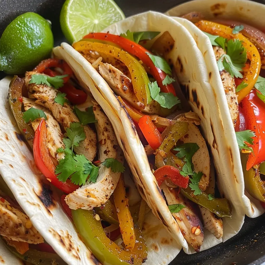 ['Close-up of colorful turkey fajitas with sliced peppers and onions.', 'Juicy turkey fajitas garnished with fresh coriander and served with salsa.', 'Overhead view of a platter of turkey fajitas wrapped in tortillas.', 'Delicious turkey fajitas with vibrant vegetables and toppings arranged neatly.']