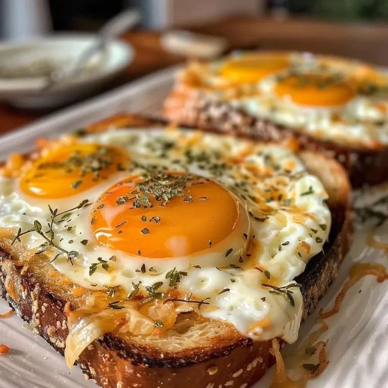 ['Close-up view of golden brown egg and cheese toasts stacked on a plate.', 'Side angle of toasted bread topped with a perfectly cooked egg and melted cheese.', 'Appetizing egg and cheese toast showcasing a runny yolk and fresh herbs.', 'Deliciously layered egg and cheese toast with crispy edges and fresh garnishment.']