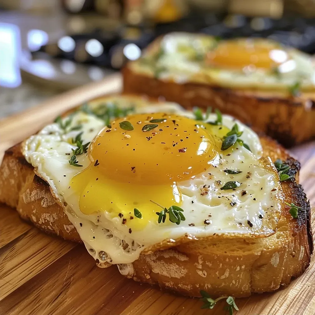 ['Close-up view of golden brown egg and cheese toasts stacked on a plate.', 'Side angle of toasted bread topped with a perfectly cooked egg and melted cheese.', 'Appetizing egg and cheese toast showcasing a runny yolk and fresh herbs.', 'Deliciously layered egg and cheese toast with crispy edges and fresh garnishment.']