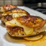 ['Juicy apple and brie stuffed chicken breast on a white plate, garnished elegantly.', 'Close-up side view of tender chicken breast filled with apple slices and brie cheese.', 'A delicious stuffed chicken breast with visible layers of apple and brie, presented beautifully.', 'Side view of succulent chicken breast showcasing melted brie and apple filling.']