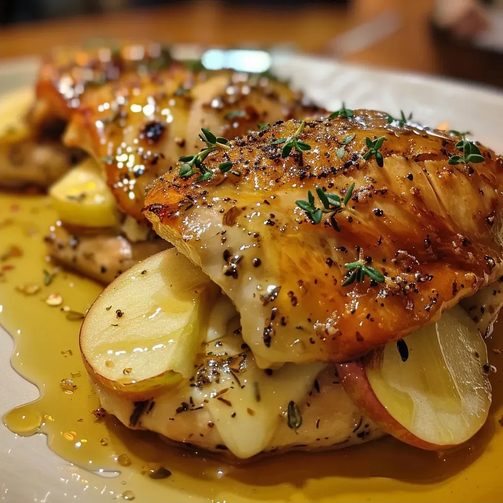 ['Juicy apple and brie stuffed chicken breast on a white plate, garnished elegantly.', 'Close-up side view of tender chicken breast filled with apple slices and brie cheese.', 'A delicious stuffed chicken breast with visible layers of apple and brie, presented beautifully.', 'Side view of succulent chicken breast showcasing melted brie and apple filling.']