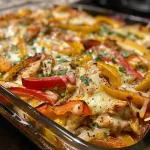 ['Close-up view of a Fajita Chicken Cottage Cheese Bake, showcasing colorful bell peppers and melted cheese on top.', 'A side view photo of a baked dish featuring chicken, cottage cheese, and a medley of vegetables, with a golden cheesy crust.', 'Juicy Fajita Chicken Cottage Cheese Bake with layers of shredded chicken, vibrant peppers, and a creamy texture.', 'A deliciously baked cottage cheese dish with fajita chicken, garnished with sliced onions and peppers, and melted cheese.']