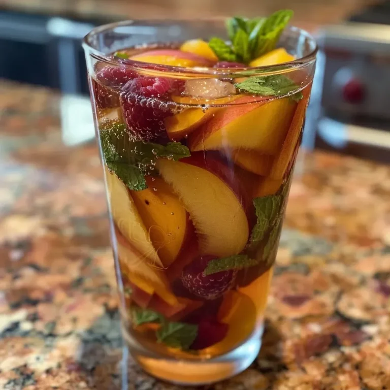 ['A refreshing glass of sweet iced tea with raspberries and peaches, garnished with mint.', 'Close-up of a colorful iced tea featuring fresh raspberries and peach slices on a wooden table.', 'A side view of a tall glass filled with vibrant raspberry peach iced tea, ice cubes, and mint leaves.', 'Juicy peach and raspberry iced tea served in a glass, showcasing the rich colors and textures of the ingredients.']