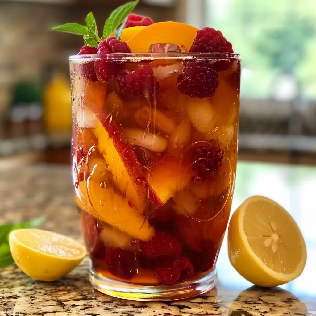 ['A refreshing glass of sweet iced tea with raspberries and peaches, garnished with mint.', 'Close-up of a colorful iced tea featuring fresh raspberries and peach slices on a wooden table.', 'A side view of a tall glass filled with vibrant raspberry peach iced tea, ice cubes, and mint leaves.', 'Juicy peach and raspberry iced tea served in a glass, showcasing the rich colors and textures of the ingredients.']