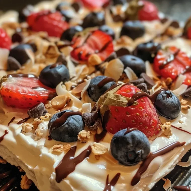 ['A close-up side view of colorful frozen yogurt bark with strawberries, blueberries, and granola.', 'Delicious frozen yogurt bark topped with fruits and chocolate chips, captured on an iPhone.', 'A vibrant piece of frozen yogurt bark showcasing layers of yogurt, fruits, and coconut flakes.', 'Close-up image of frozen yogurt bark featuring red strawberries and blue blueberries on a white background.']