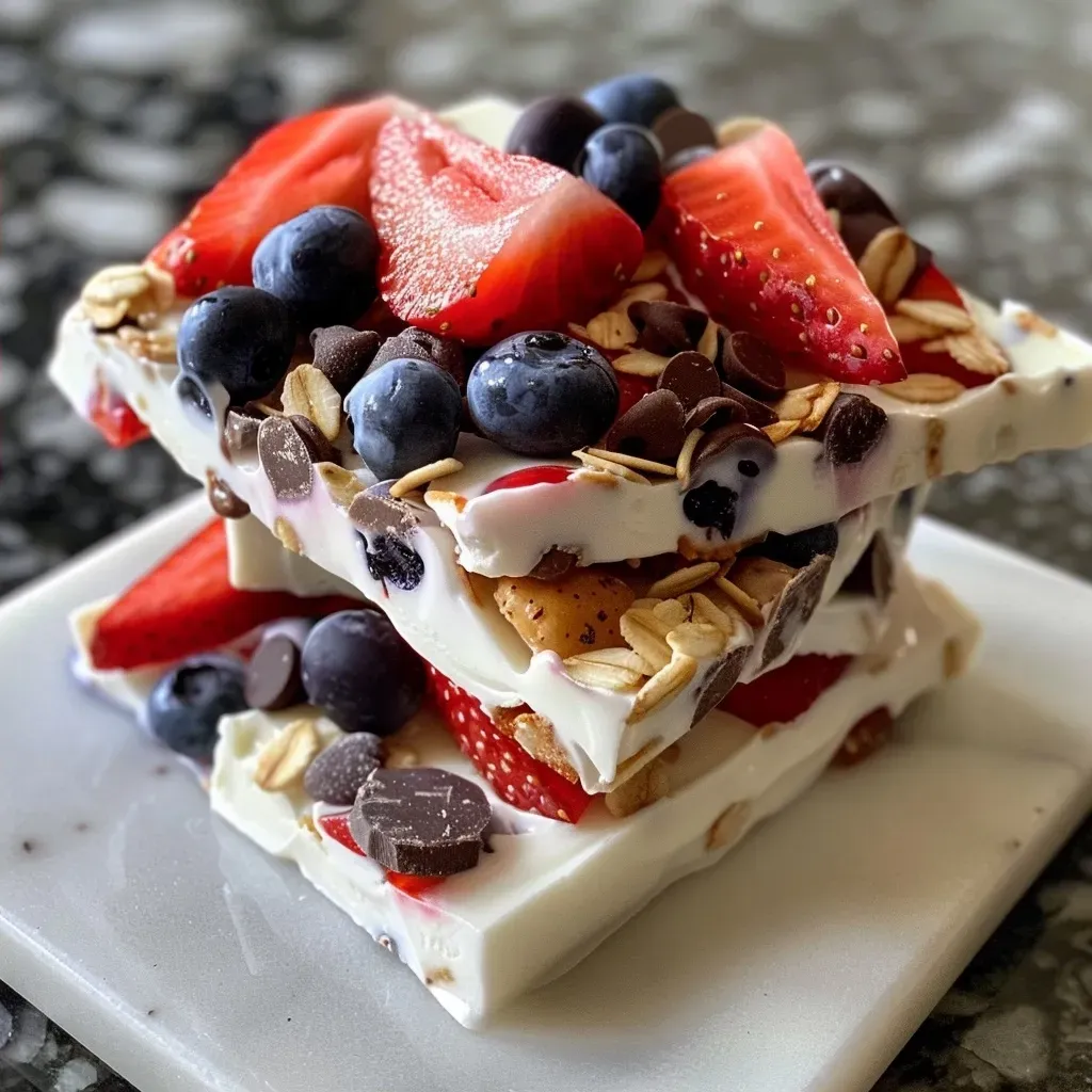 ['A close-up side view of colorful frozen yogurt bark with strawberries, blueberries, and granola.', 'Delicious frozen yogurt bark topped with fruits and chocolate chips, captured on an iPhone.', 'A vibrant piece of frozen yogurt bark showcasing layers of yogurt, fruits, and coconut flakes.', 'Close-up image of frozen yogurt bark featuring red strawberries and blue blueberries on a white background.']