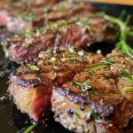 ['Close-up of juicy garlic butter steak bites garnished with parsley.', 'Side view of tender steak bites glistening with garlic butter and spices.', 'Deliciously cooked steak pieces coated in melted butter and garlic.', 'Succulent steak bites served on a plate, showcasing rich flavor and texture.']