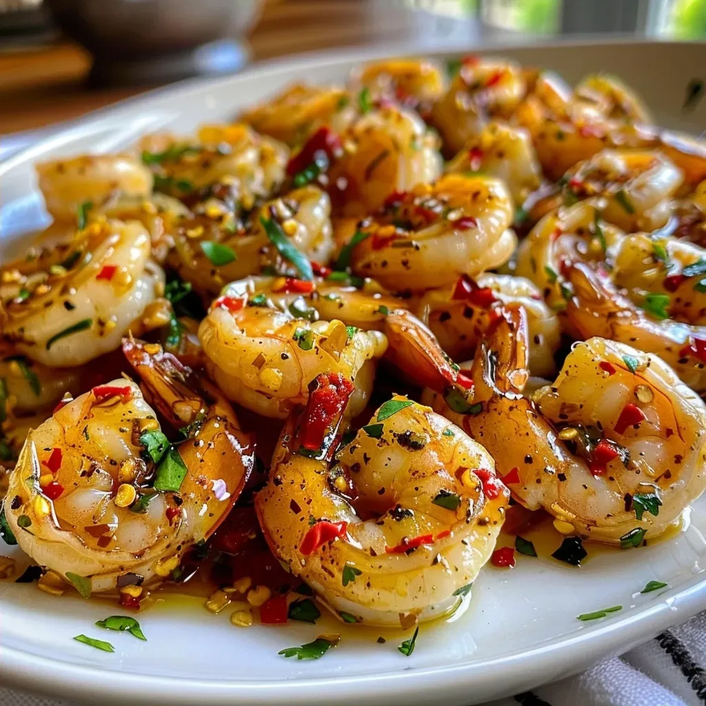 ['Close-up view of juicy Garlic Chili Shrimp garnished with parsley and red chili slices.', 'Side view of sautéed jumbo shrimp in a garlic chili sauce, showcasing vibrant colors and textures.', 'Detailed image of plump shrimp cooked in a rich garlic and chili sauce, highlighting fresh ingredients.', 'Appetizing close-up of garlic chili shrimp with herbs and spices, ready to be served.']