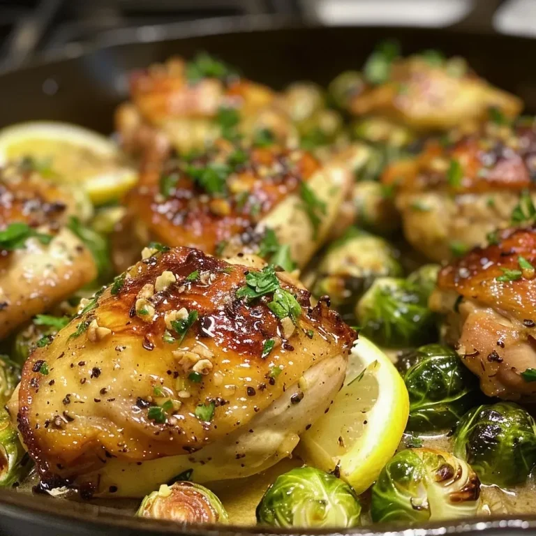 ['Close-up view of juicy Garlic Dijon Chicken thighs next to roasted Brussels sprouts.', 'Side view of a plate featuring Garlic Dijon Chicken and halved Brussels sprouts.', 'Tender chicken thighs coated in garlic dijon sauce with vibrant Brussels sprouts.', 'Delicious Garlic Dijon Chicken served with golden-brown Brussels sprouts.']