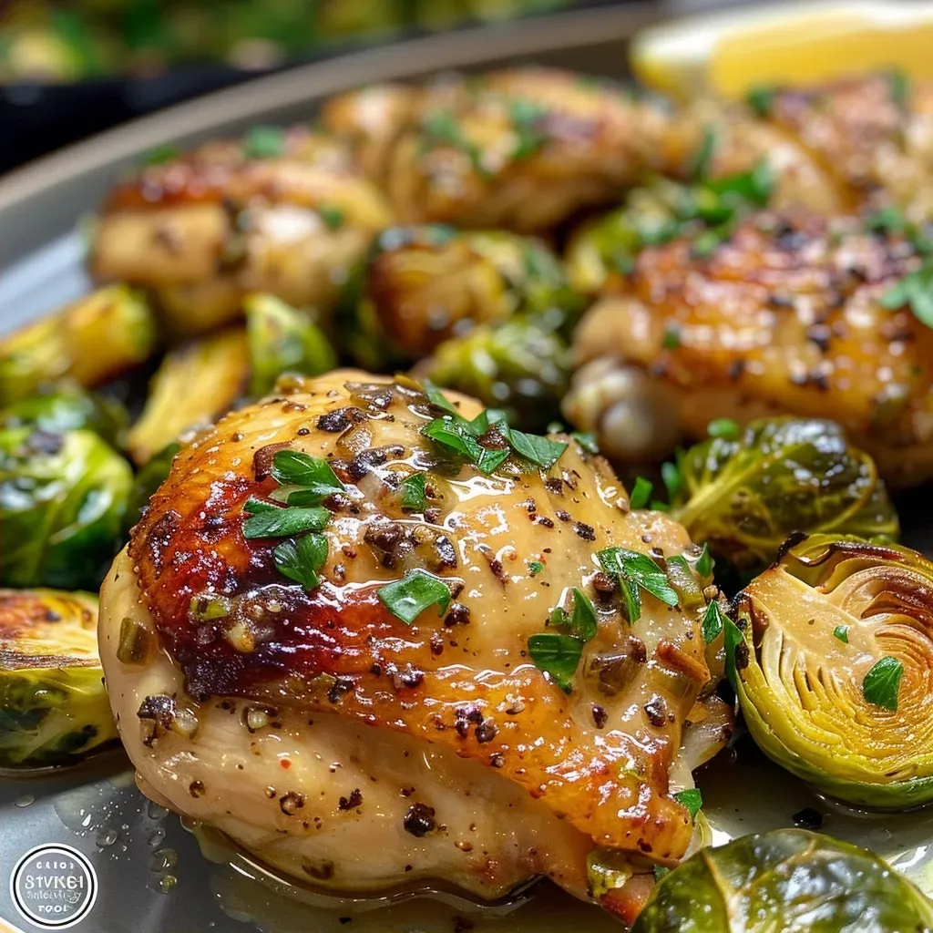 ['Close-up view of juicy Garlic Dijon Chicken thighs next to roasted Brussels sprouts.', 'Side view of a plate featuring Garlic Dijon Chicken and halved Brussels sprouts.', 'Tender chicken thighs coated in garlic dijon sauce with vibrant Brussels sprouts.', 'Delicious Garlic Dijon Chicken served with golden-brown Brussels sprouts.']