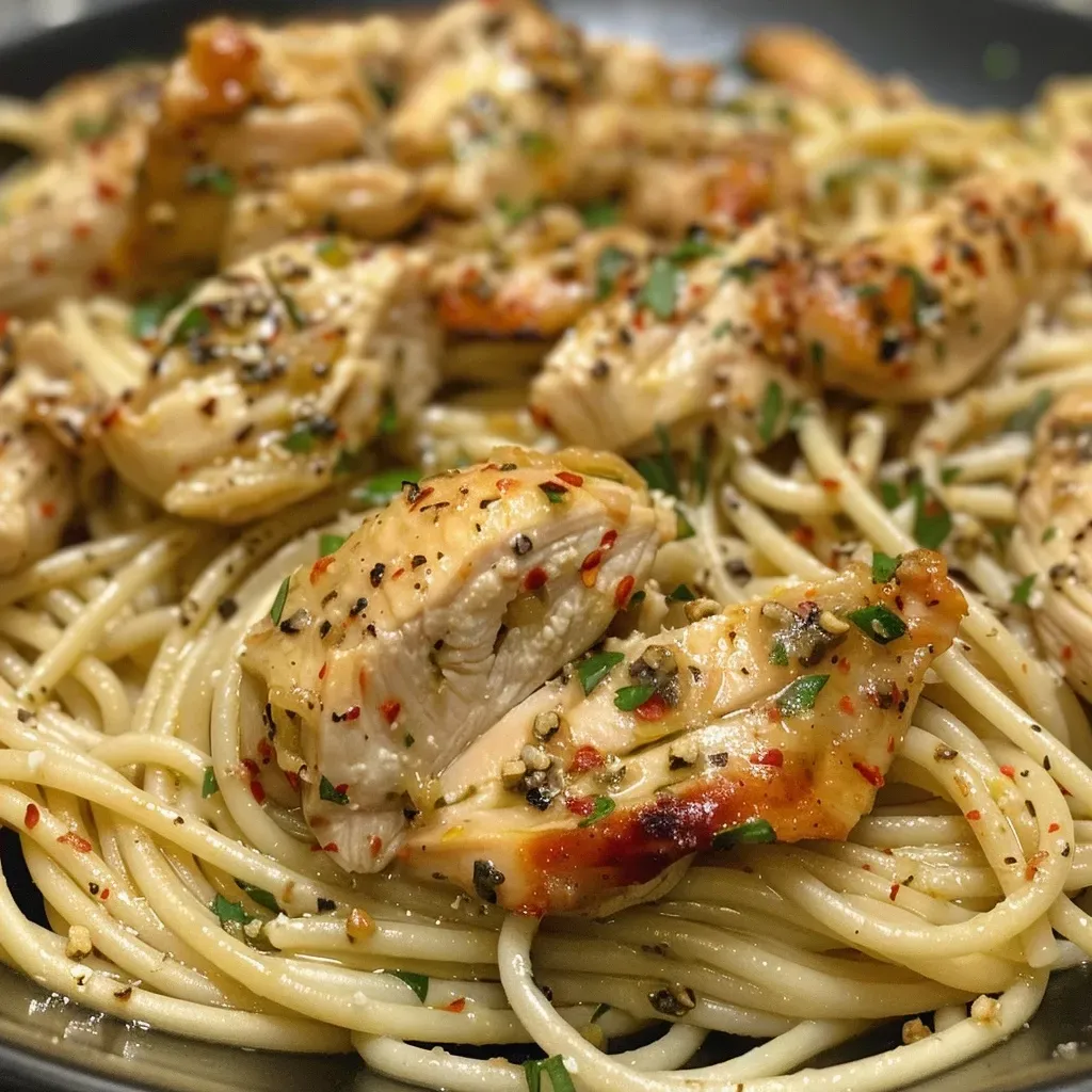 ['Close-up view of creamy Garlic Herb Chicken Pasta garnished with herbs and spices.', 'Side view of a plate filled with juicy Garlic Herb Chicken Pasta in a creamy sauce.', 'Appetizing Garlic Herb Chicken Pasta displaying tender chicken pieces and herbs.', 'Deliciously creamy Garlic Herb Chicken Pasta served in a vibrant dish.']