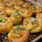 ['Close-up side view of a golden-brown Garlic Parmesan Herb Cruffin, showcasing its flaky layers and melted cheese.', 'Juicy Garlic Parmesan Herb Cruffin with visible garlic bits and a sprinkle of parsley, highlighting its appetizing texture.', 'Freshly baked Garlic Parmesan Herb Cruffin with a crispy exterior and creamy cheese filling, set against a simple backdrop.', 'Side angle of a flaky Garlic Parmesan Herb Cruffin exposing its soft, buttery interior and herb garnish.']
