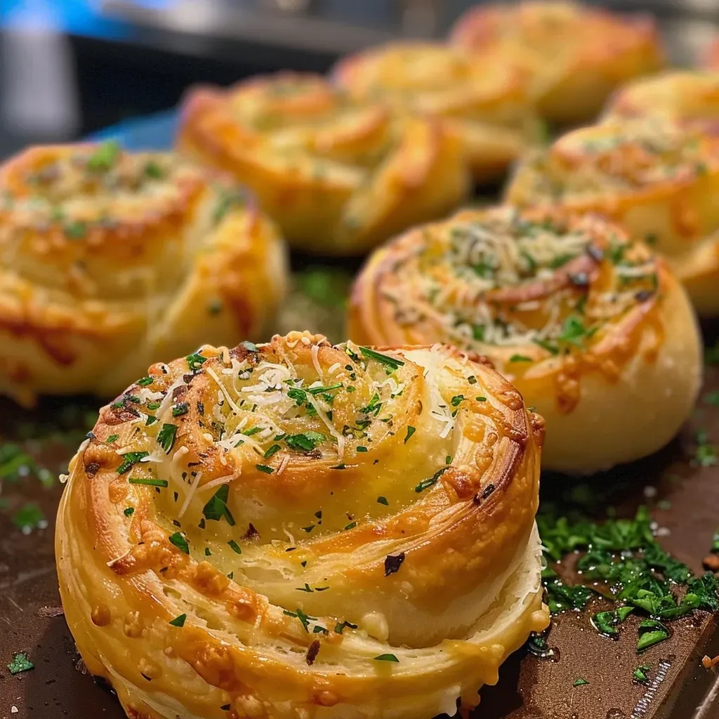 ['Close-up side view of a golden-brown Garlic Parmesan Herb Cruffin, showcasing its flaky layers and melted cheese.', 'Juicy Garlic Parmesan Herb Cruffin with visible garlic bits and a sprinkle of parsley, highlighting its appetizing texture.', 'Freshly baked Garlic Parmesan Herb Cruffin with a crispy exterior and creamy cheese filling, set against a simple backdrop.', 'Side angle of a flaky Garlic Parmesan Herb Cruffin exposing its soft, buttery interior and herb garnish.']