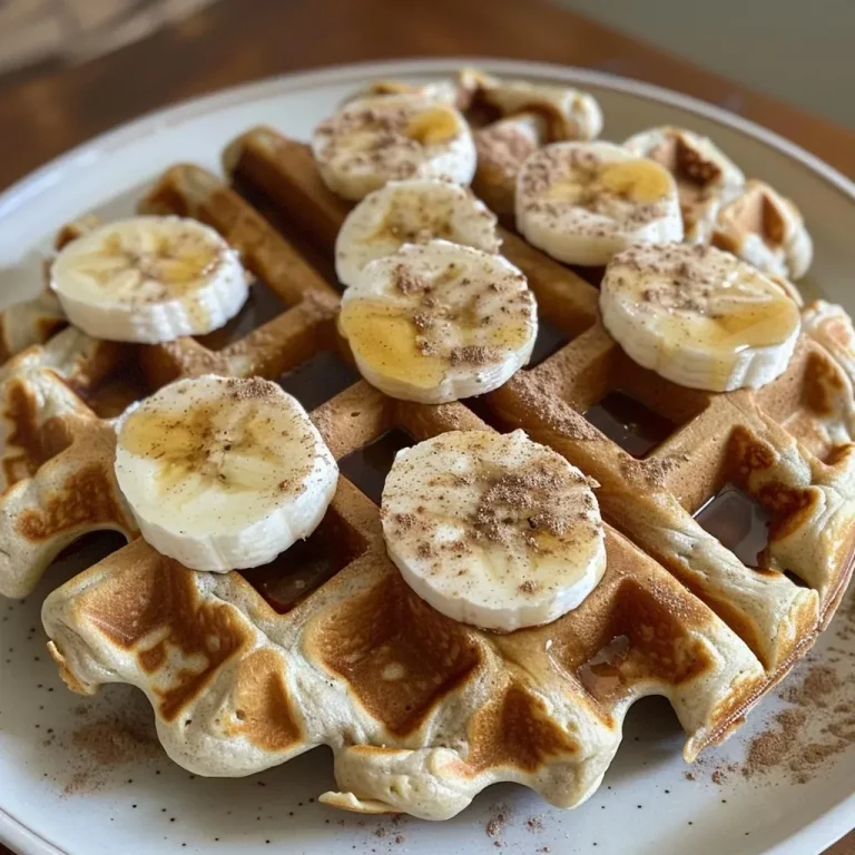 ['Close-up view of gluten-free banana oat waffles stacked with a slice of banana on top.', 'Side view of crispy gluten-free waffles with a drizzle of syrup and banana slices.', 'Appetizing gluten-free banana oat waffles topped with almond butter and fresh fruit.', 'A delicious serving of gluten-free waffles showcasing a golden-brown texture and banana pieces.']